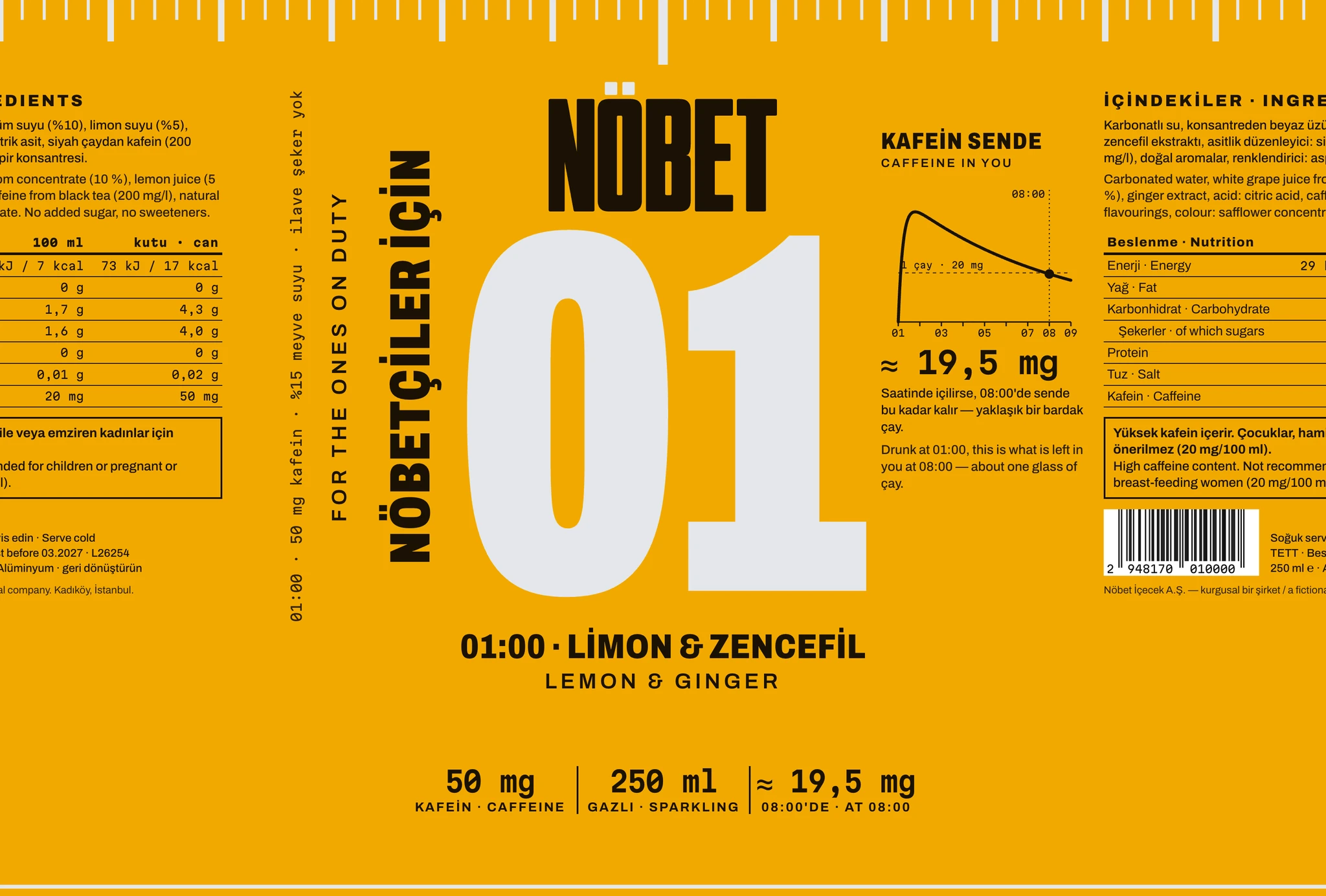 The 01:00 lemon & ginger label laid flat: the NÖBET wordmark over a huge 01 in bare aluminium on amber; the flavour, 50 mg of caffeine and the amount left at 08:00 beneath; a dial round the top edge; a caffeine curve on one side and the ingredients, nutrition table and barcode on the back.