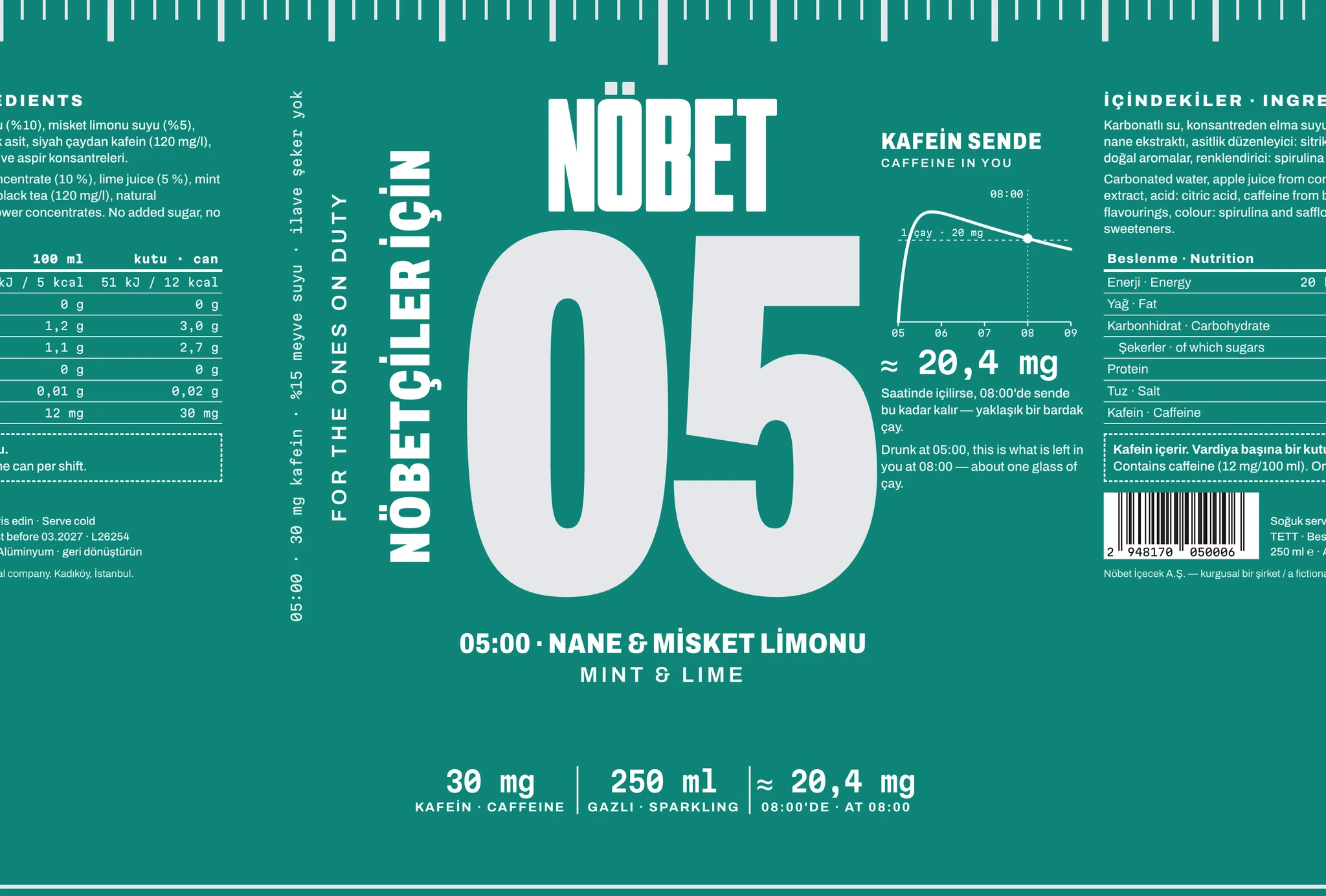 The 05:00 mint & lime label laid flat: the NÖBET wordmark over a huge 05 in bare aluminium on teal; the flavour, 30 mg of caffeine and the amount left at 08:00 beneath; a dial round the top edge; a caffeine curve on one side and the ingredients, nutrition table and barcode on the back.