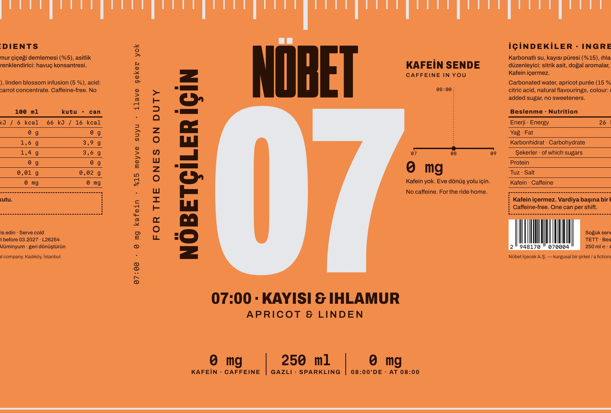The 07:00 apricot & linden label laid flat: the NÖBET wordmark over a huge 07 in bare aluminium on apricot; the flavour, 0 mg of caffeine and the amount left at 08:00 beneath; a dial round the top edge; a caffeine curve on one side and the ingredients, nutrition table and barcode on the back.