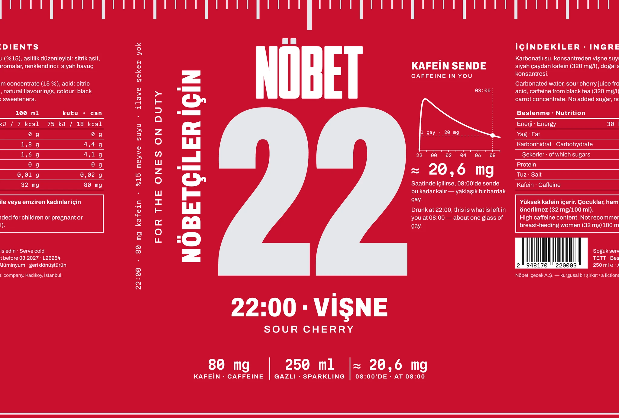 The 22:00 sour cherry label laid flat: the NÖBET wordmark over a huge 22 in bare aluminium on crimson; the flavour, 80 mg of caffeine and the amount left at 08:00 beneath; a dial round the top edge; a caffeine curve on one side and the ingredients, nutrition table and barcode on the back.