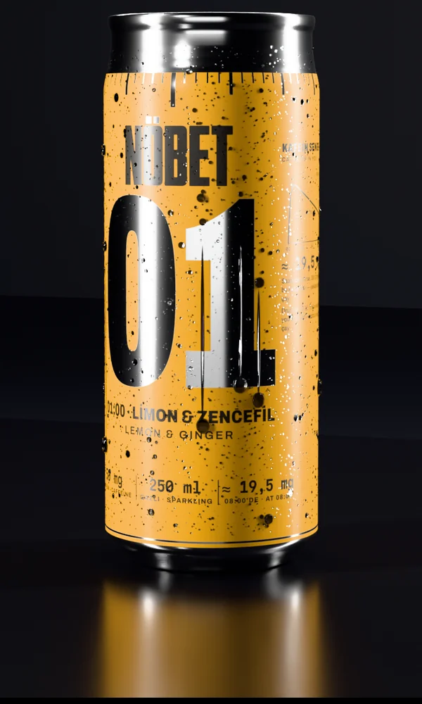 The 01:00 can: lemon & ginger, in amber with the hour in bare aluminium.