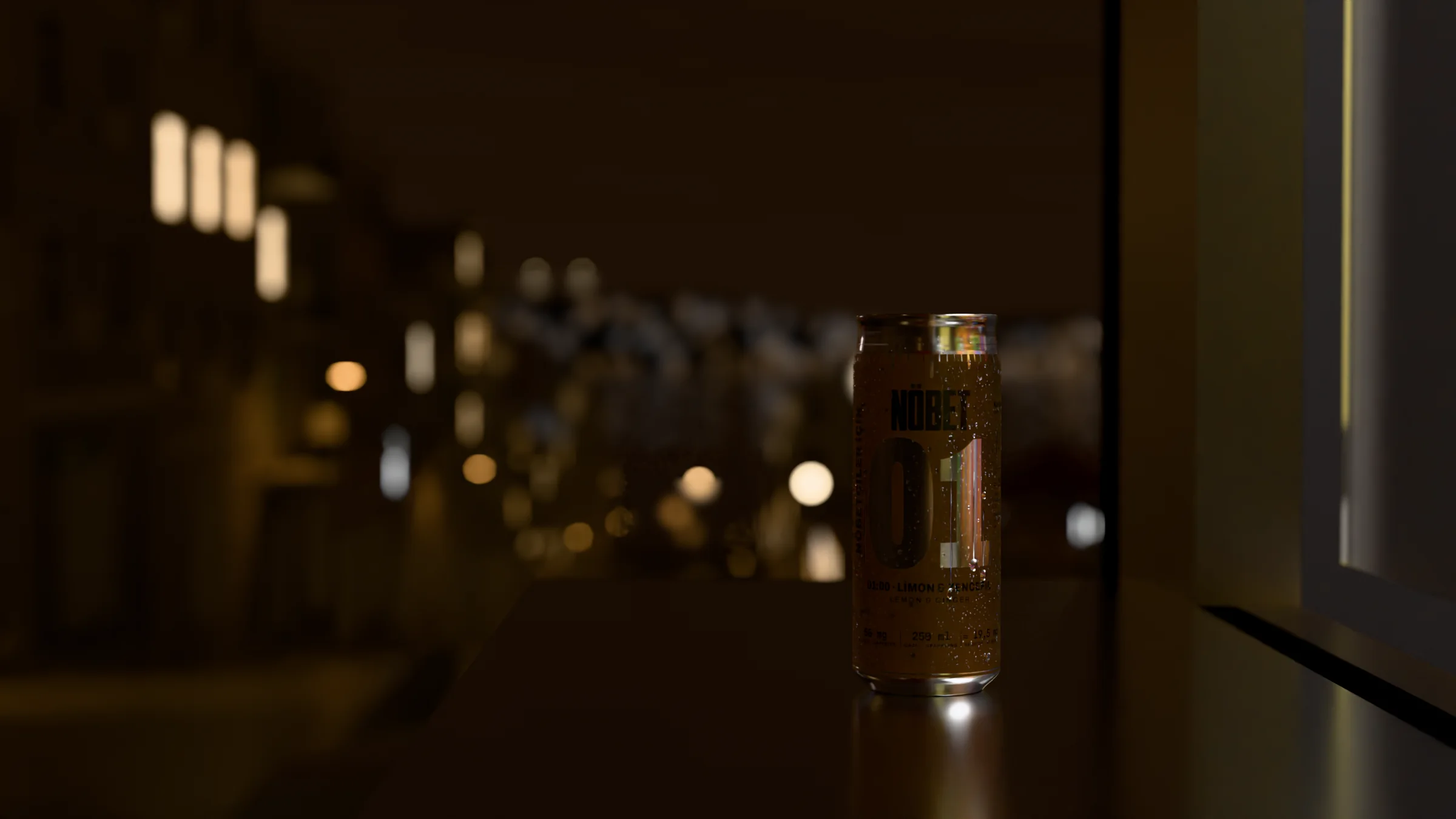 The 01:00 can on the steel counter of Çınar Büfe at 01:00, cold and beaded with condensation, the street behind it.