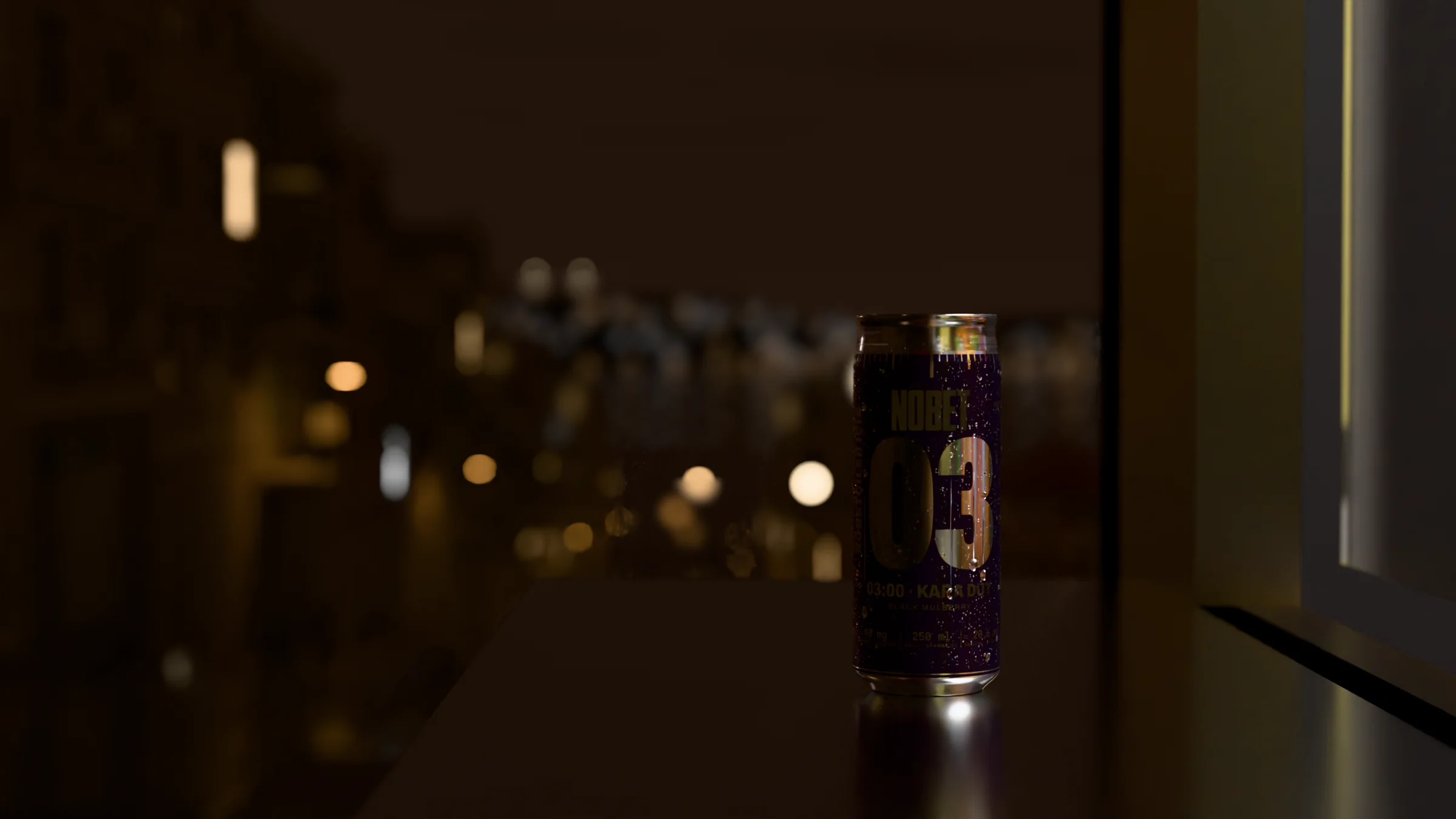 A cold NÖBET can on the steel counter of a kiosk at night, beaded with condensation, the street blurred behind it.