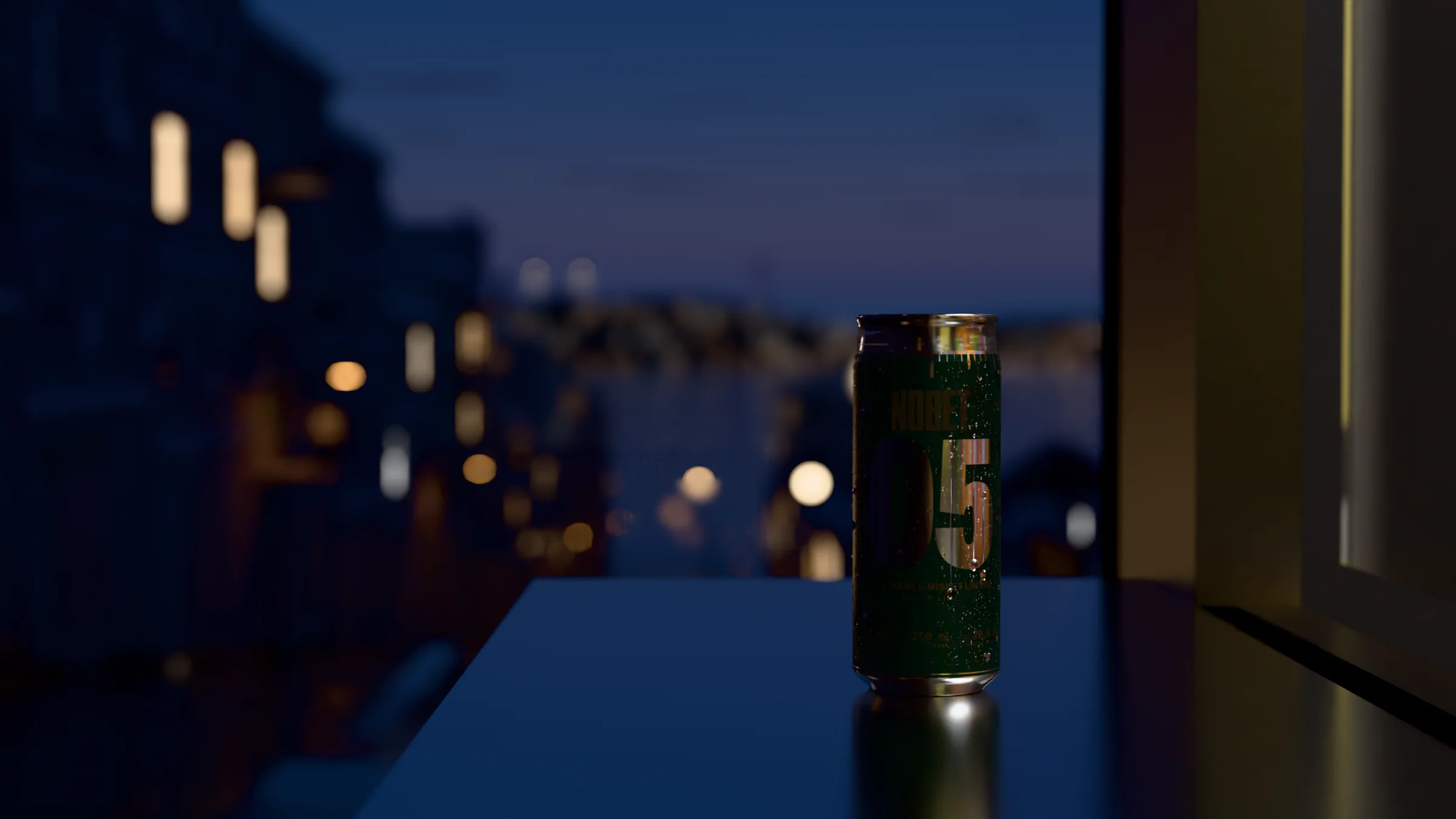 The 05:00 can on the steel counter of Çınar Büfe at 05:00, cold and beaded with condensation, the street behind it.