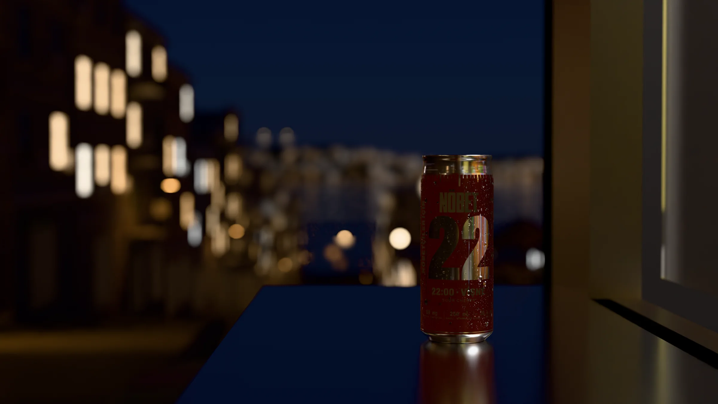The 22:00 can on the steel counter of Çınar Büfe at 22:00, cold and beaded with condensation, the street behind it.
