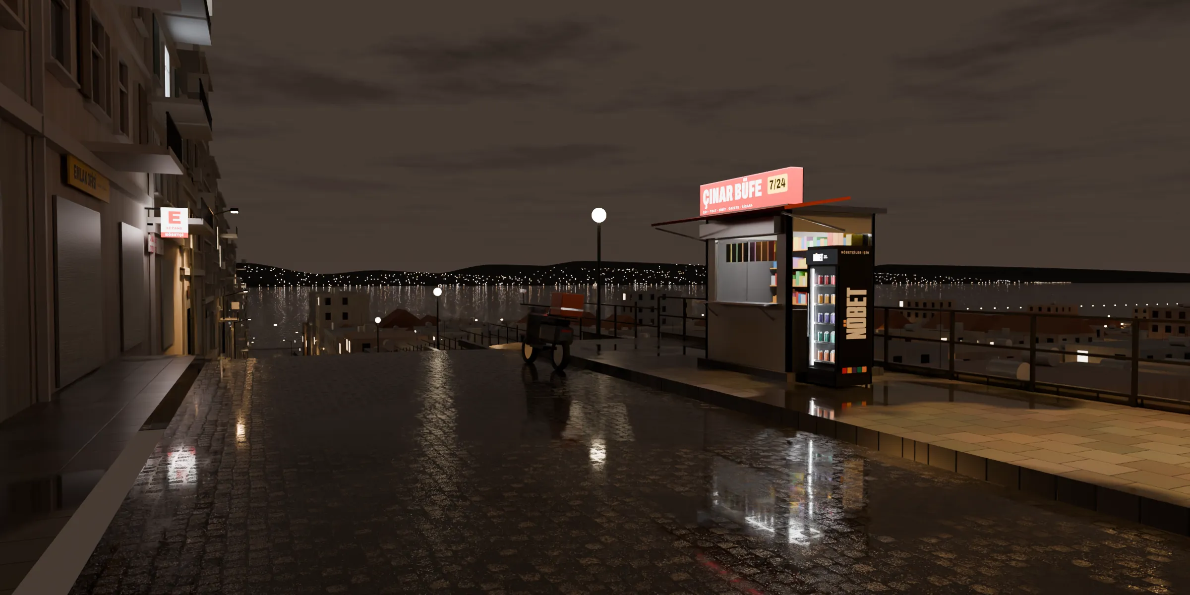 The corner at 02:00. It is raining properly now. Water stands where the street dips; the lamp is in every puddle.