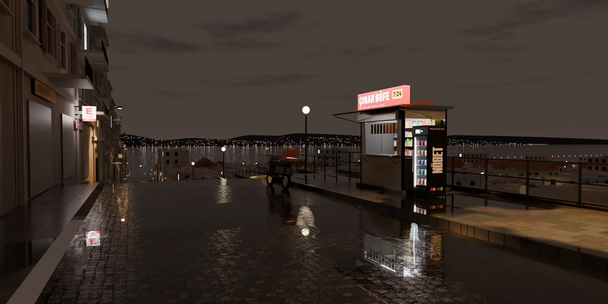 The corner at 03:00, in the rain.