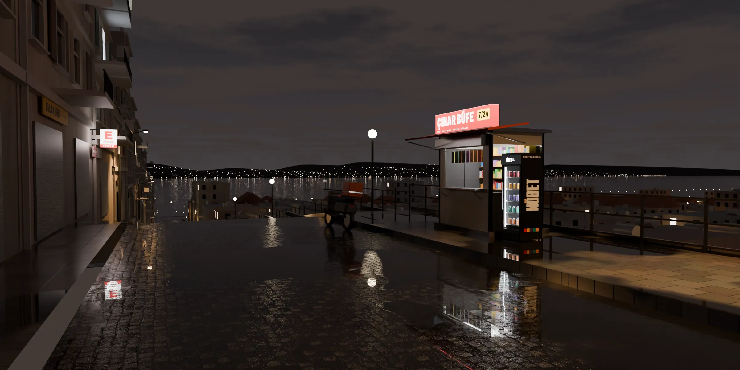 The corner at 04:00. The rain eases off. The first taxis come back up the hill, and one courier.