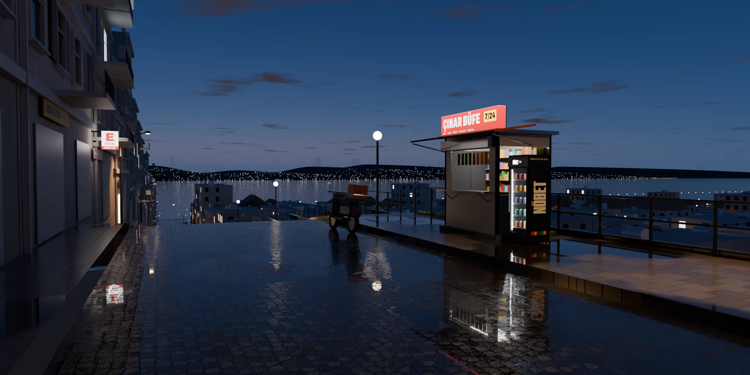 The corner at 05:00. The blue hour. The bakery's ovens have gone on — its window is lit — and the street is a mirror.