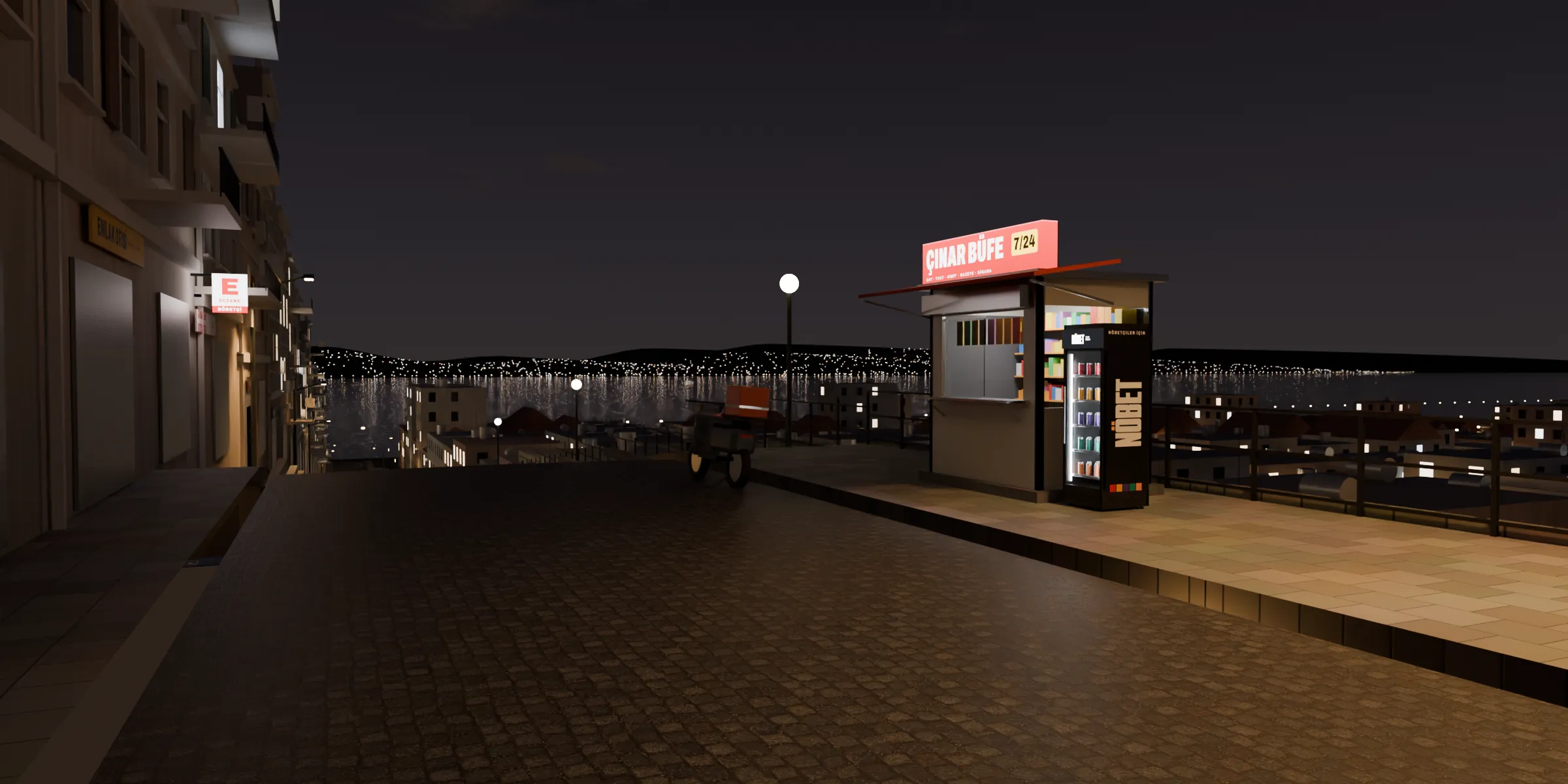The corner at 23:00. The last buses have gone down the hill. Windows start going dark from the top floors down.