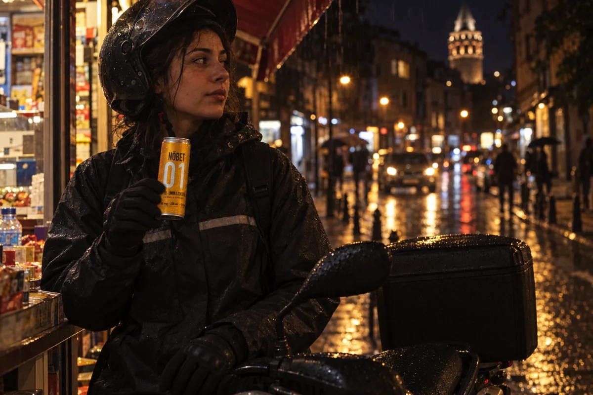 A young courier with her helmet on stands by her scooter under a lit kiosk awning in the first rain, holding an amber NÖBET can.