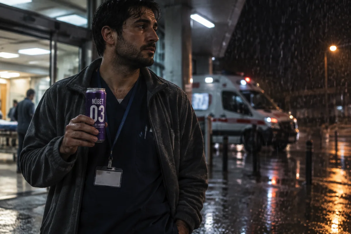 A male nurse in navy scrubs stands under the canopy of a hospital emergency entrance in heavy rain at night, a violet NÖBET can in his hand.