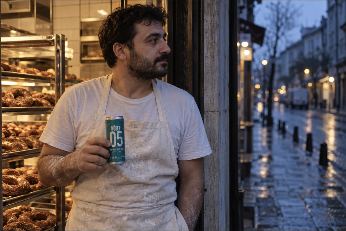 A baker with flour on his forearms stands in the doorway of a bakery in the blue light before dawn, racks of simit behind him, a teal NÖBET can in his hand.