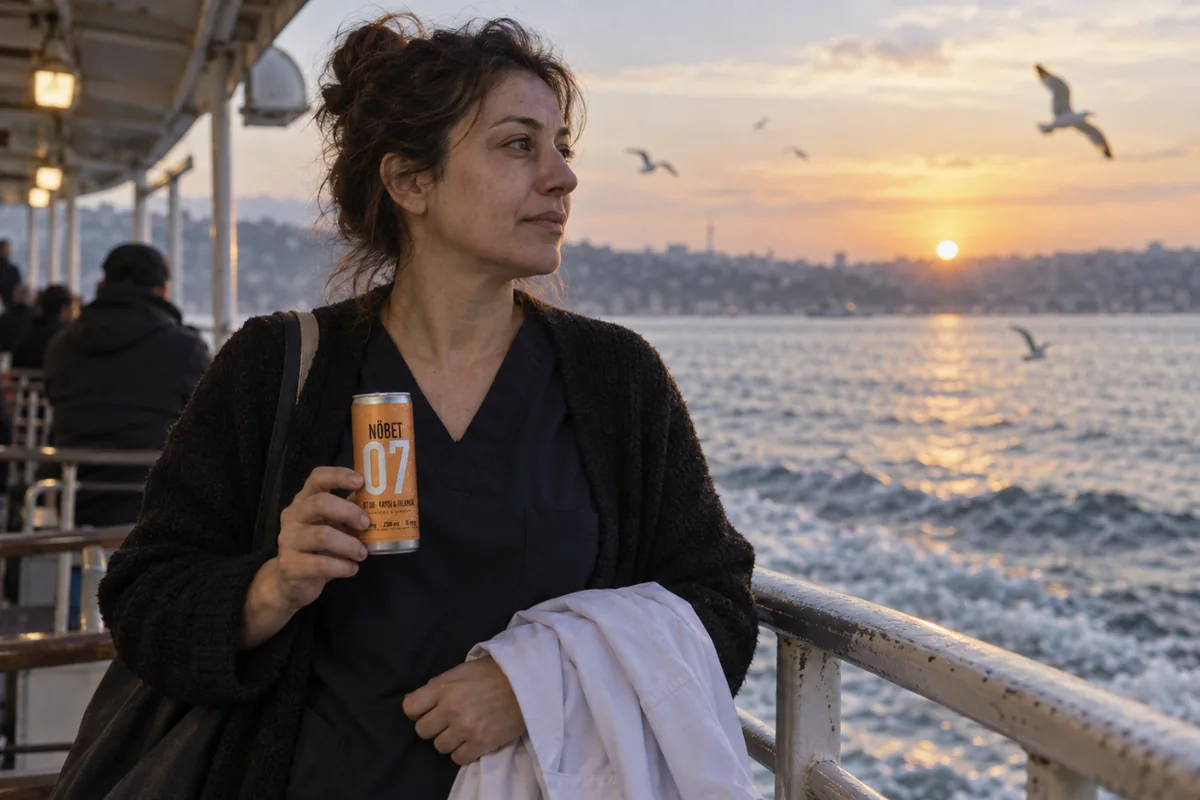 A pharmacist with her white coat over her arm stands at the rail of a ferry at sunrise, an orange NÖBET can in her hand.
