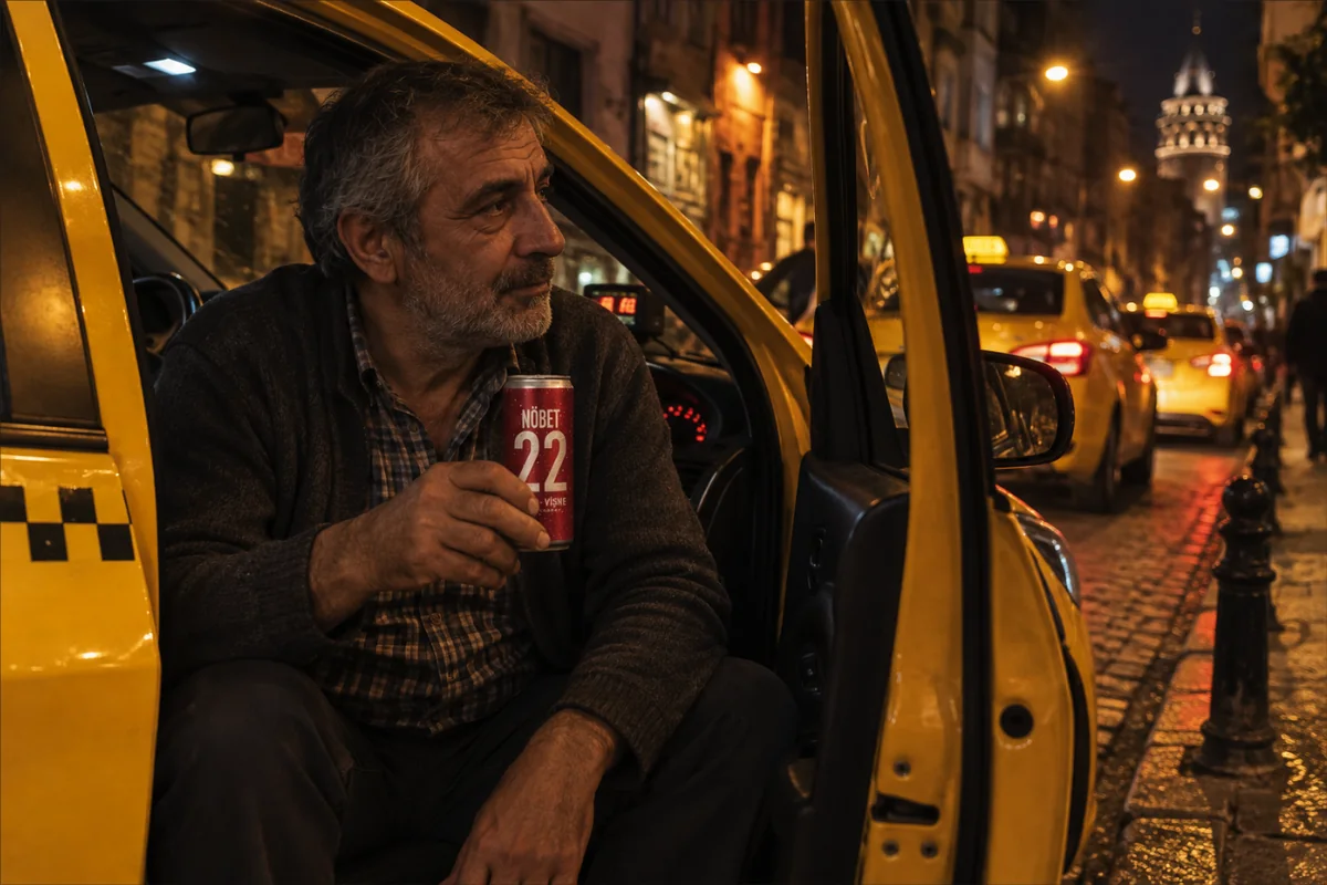 A taxi driver in his fifties sits sideways in the open door of a yellow taxi at night, a red NÖBET can in his hand, other taxis blurred behind him.