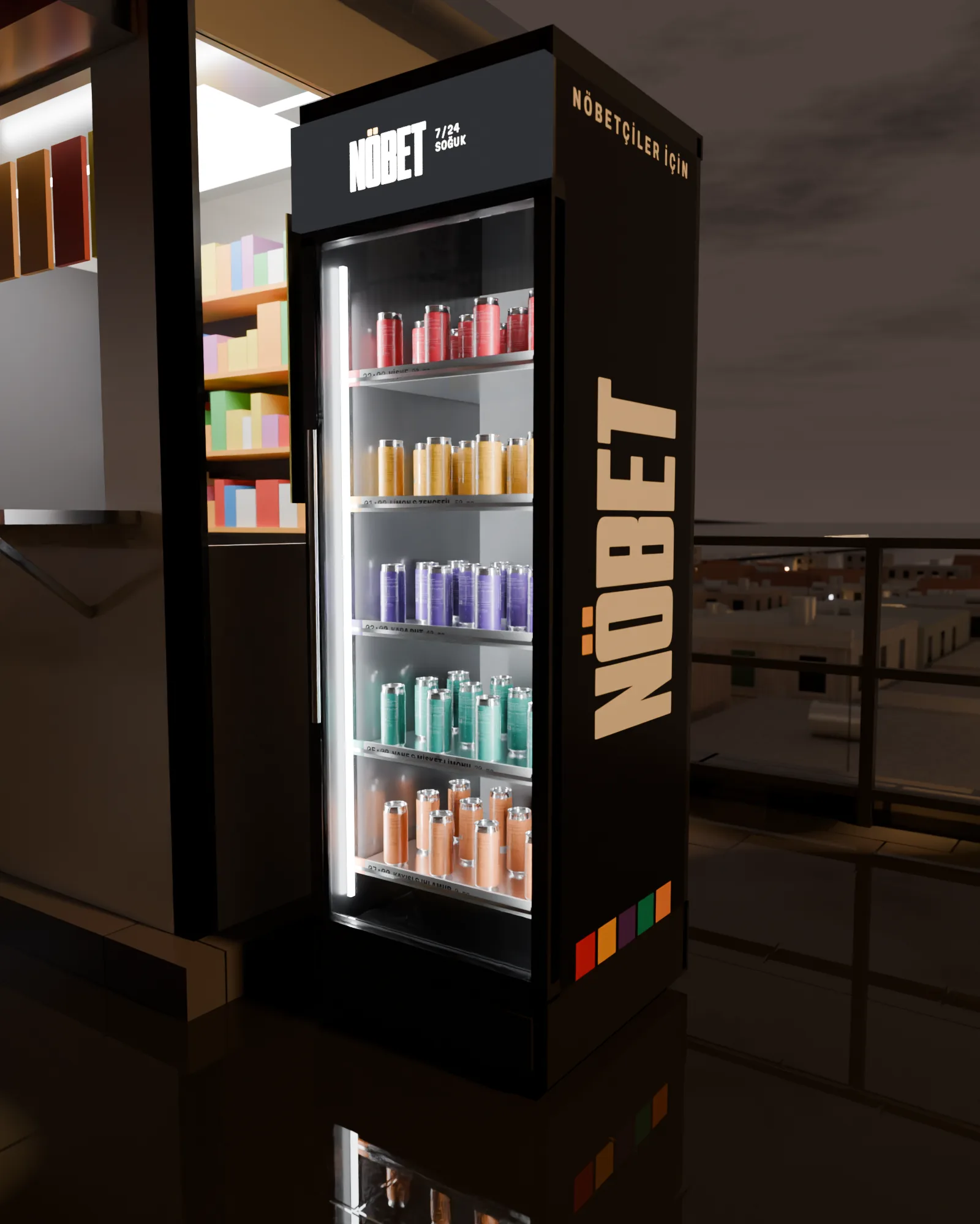The NÖBET cooler beside Çınar Büfe at 03:00 in the rain: five shelves of cans behind a lit glass door, one shelf per hour, its cable running along the paving to the kiosk's outdoor socket.