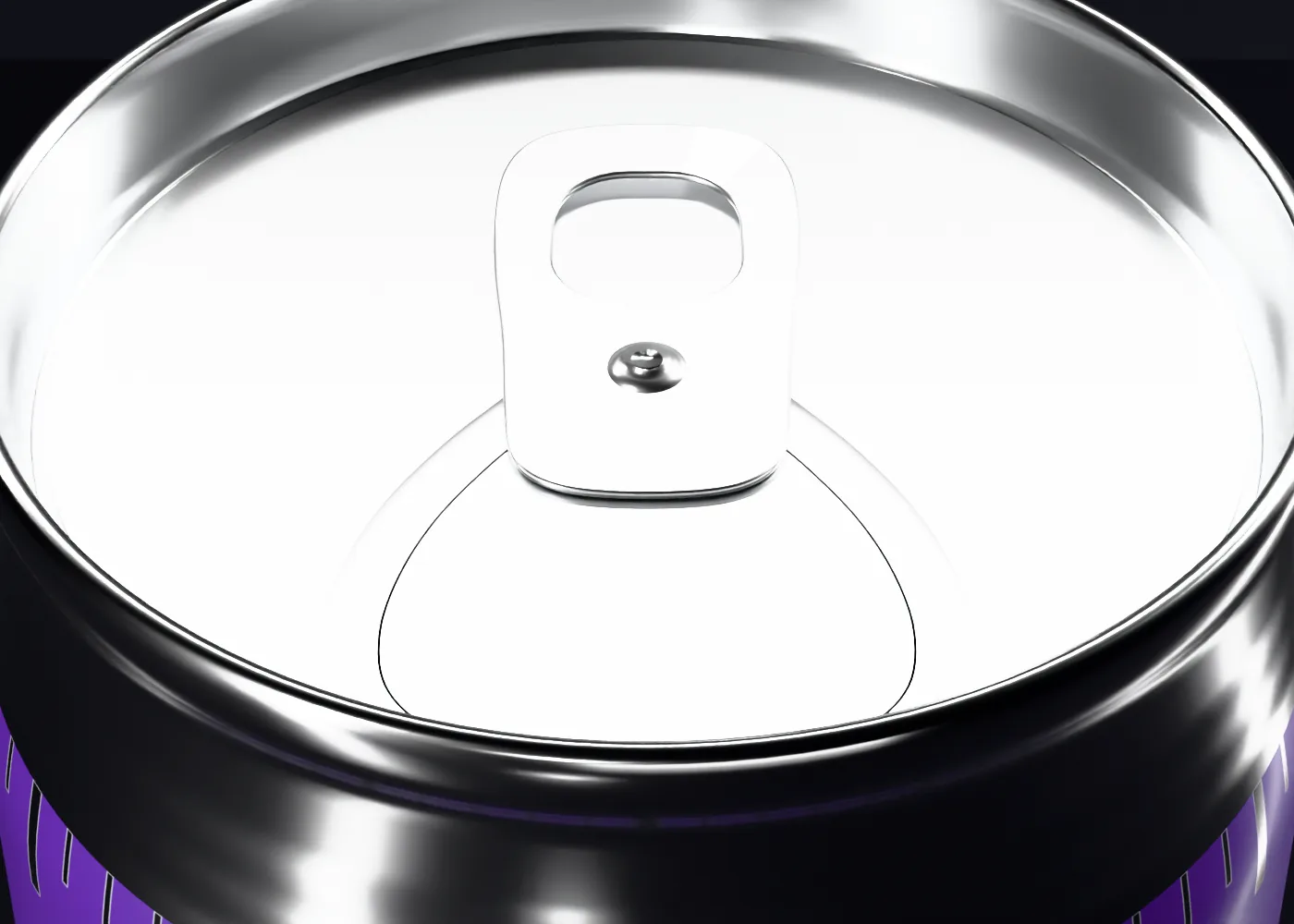 The can's lid from above with the tab lifted 0 degrees: closed, the tear panel flush.