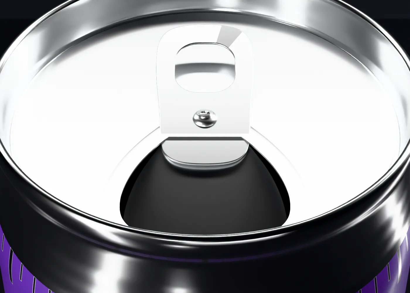 The can's lid from above with the tab lifted 10 degrees: the tear panel has just broken along its score.
