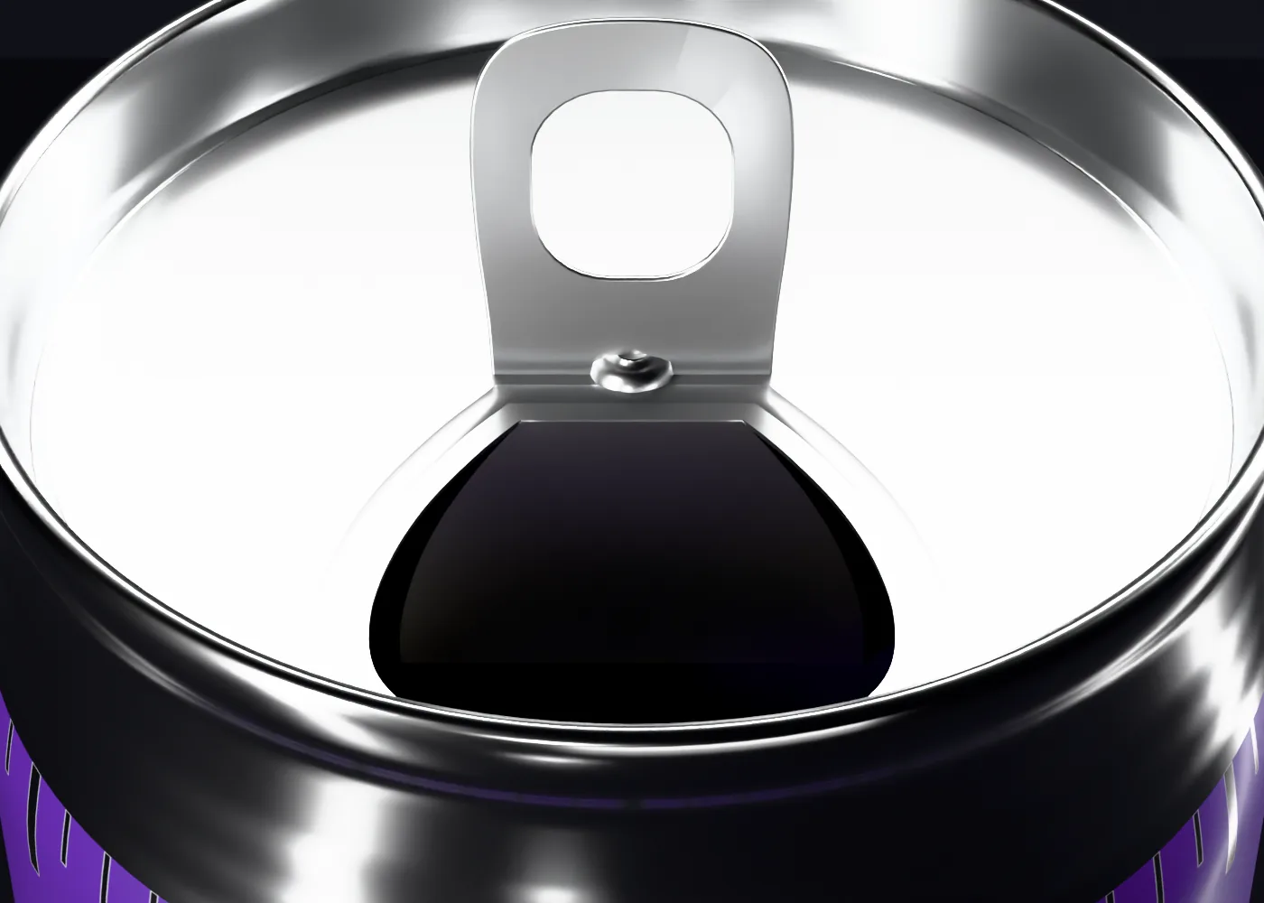 The can's lid from above with the tab lifted 80 degrees: fully open.